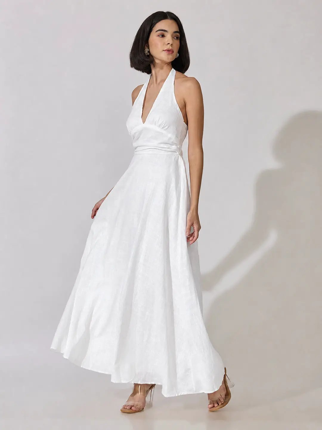 Women's White Sleeveless Maxi Dress with Tie-Up Neck