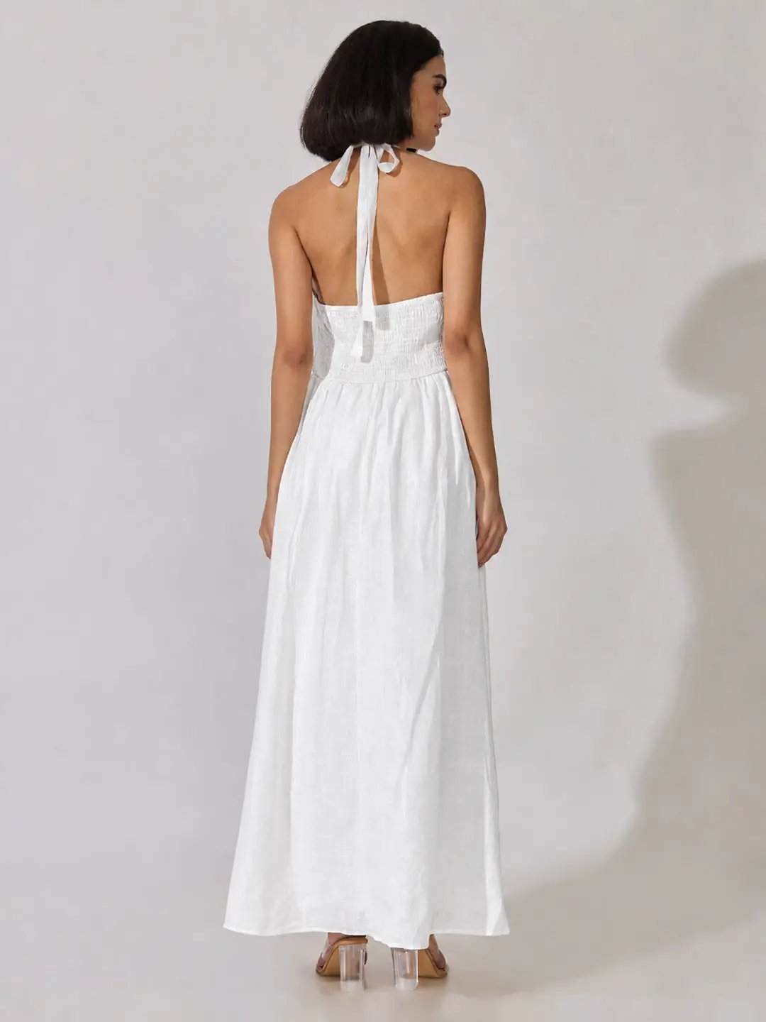 Women's White Sleeveless Maxi Dress with Tie-Up Neck
