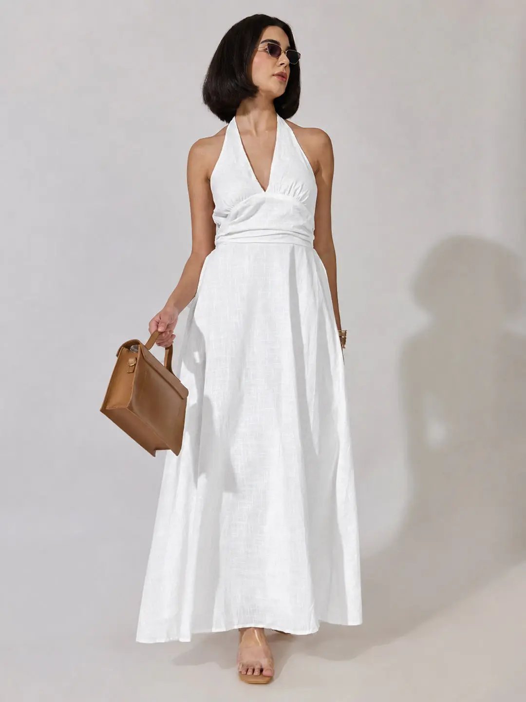 Women's White Sleeveless Maxi Dress with Tie-Up Neck