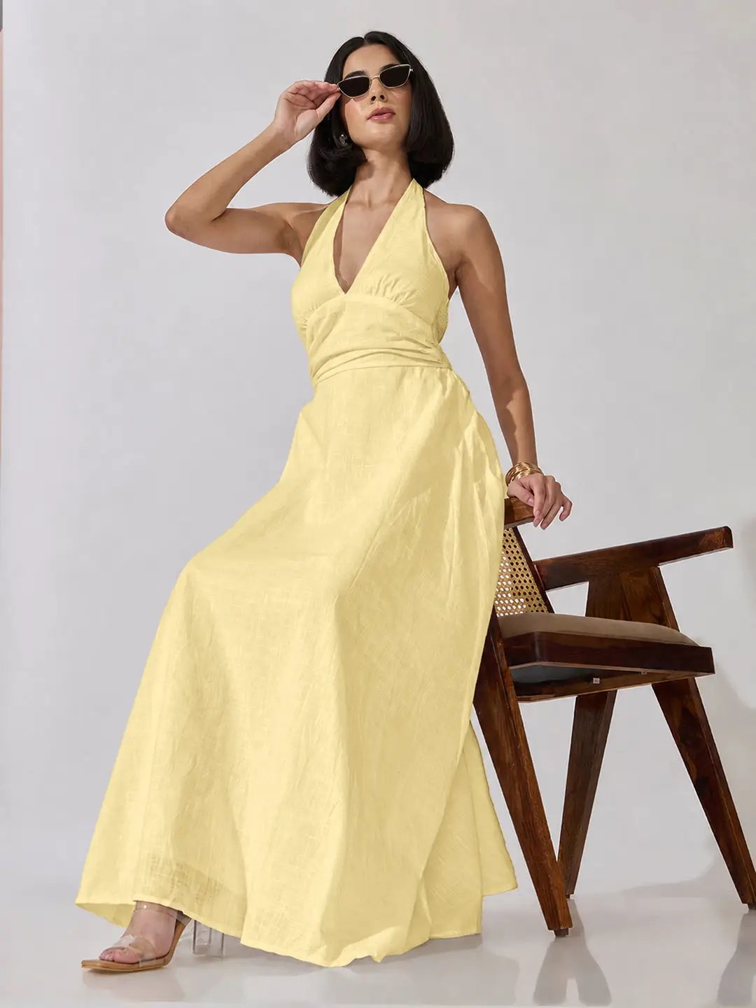 Women's Yellow Sleeveless Maxi Dress with Tie-Up Neck - from SHOWOFFFF