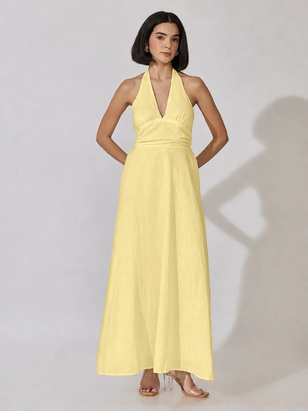 Women's Yellow Sleeveless Maxi Dress with Tie-Up Neck - from SHOWOFFFF