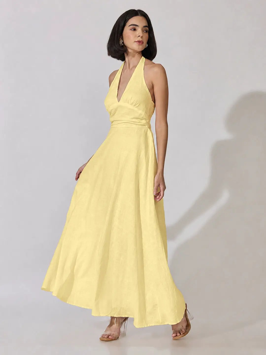 Women's Yellow Sleeveless Maxi Dress with Tie-Up Neck - from SHOWOFFFF