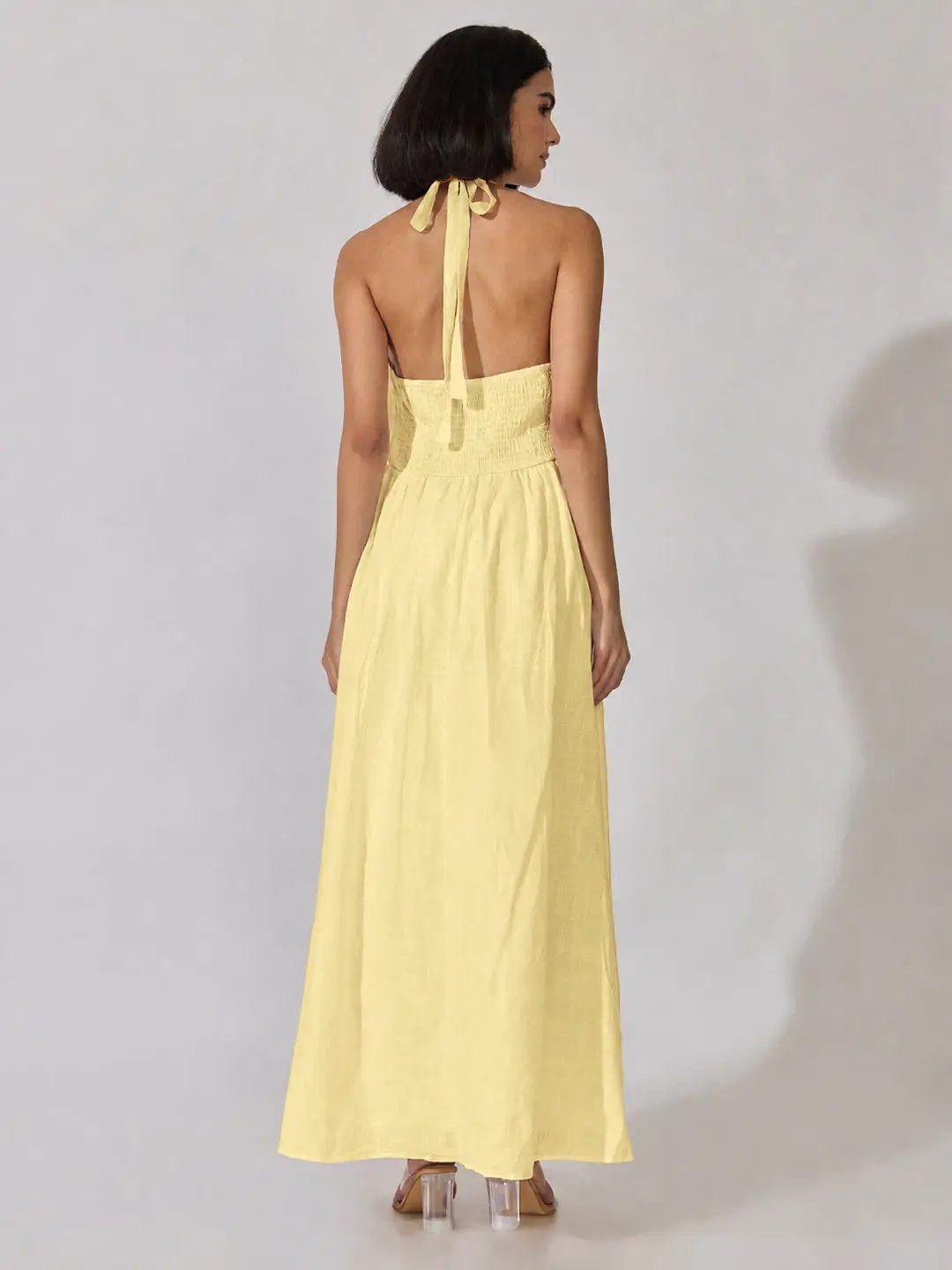 Women's Yellow Sleeveless Maxi Dress with Tie-Up Neck - from SHOWOFFFF