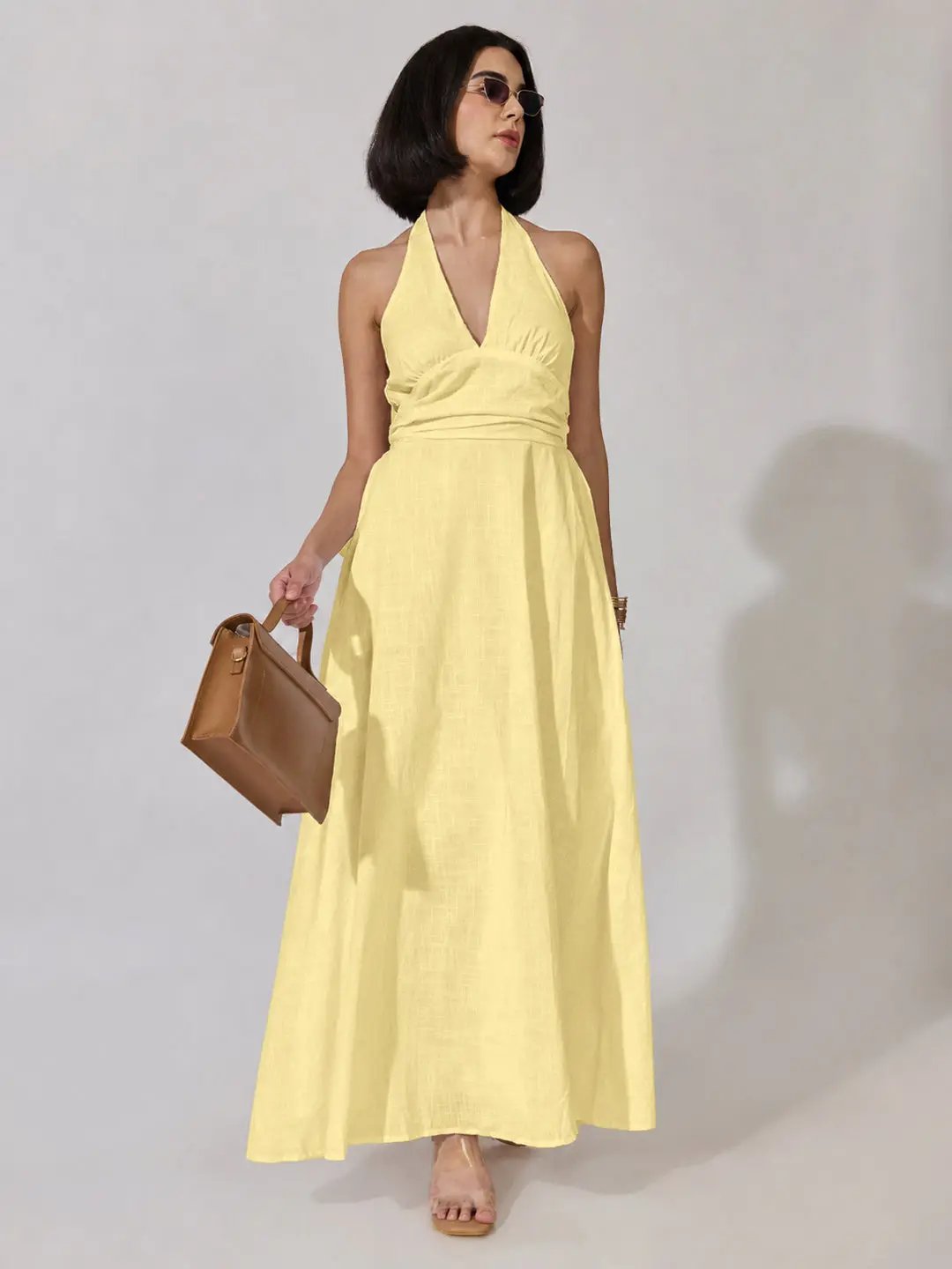Women's Yellow Sleeveless Maxi Dress with Tie-Up Neck - from SHOWOFFFF