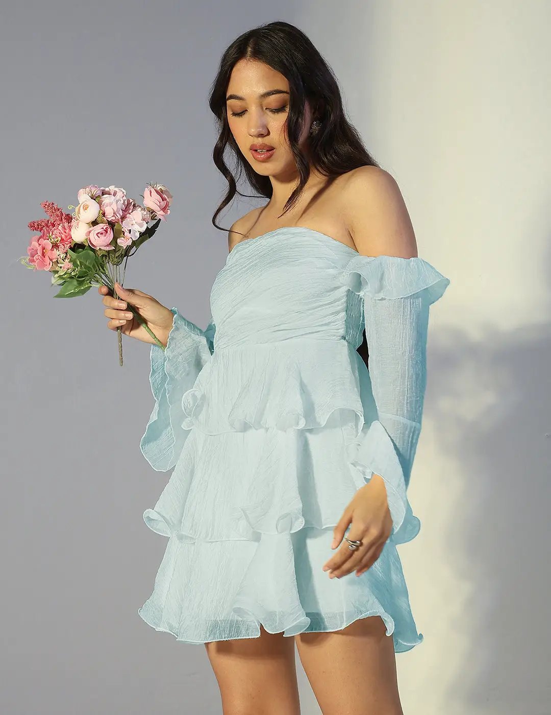 Women's Blue Off Shoulder Ruffled Mini Dress with Flared Sleeves