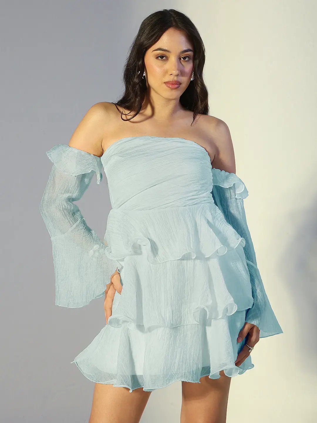 Women's Blue Off Shoulder Ruffled Mini Dress with Flared Sleeves