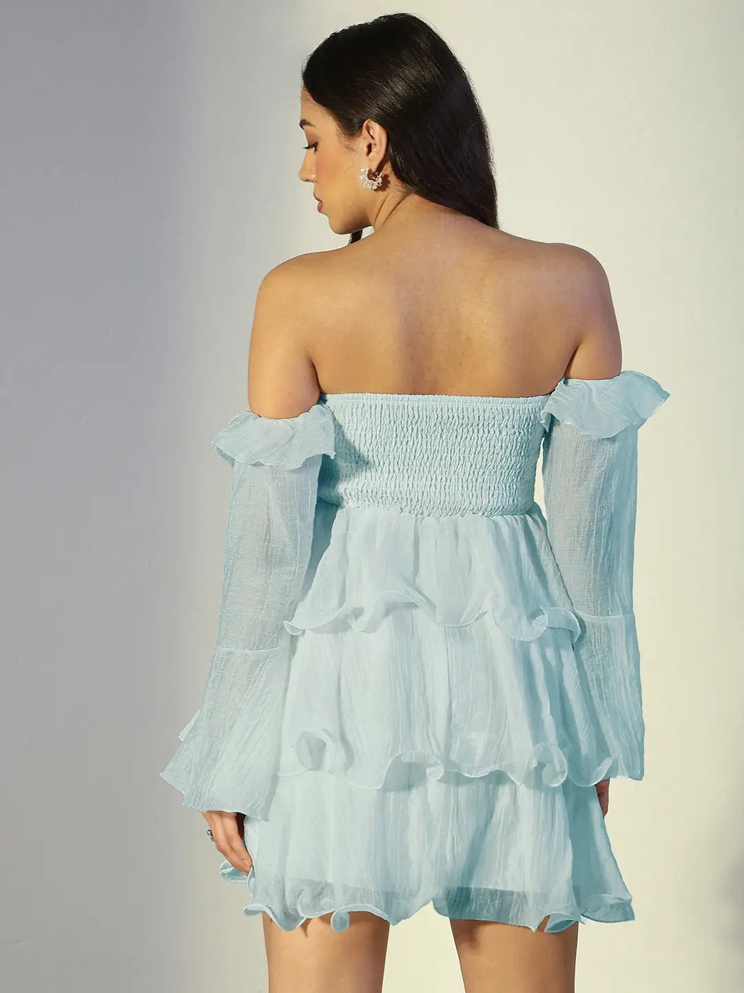Women's Blue Off Shoulder Ruffled Mini Dress with Flared Sleeves