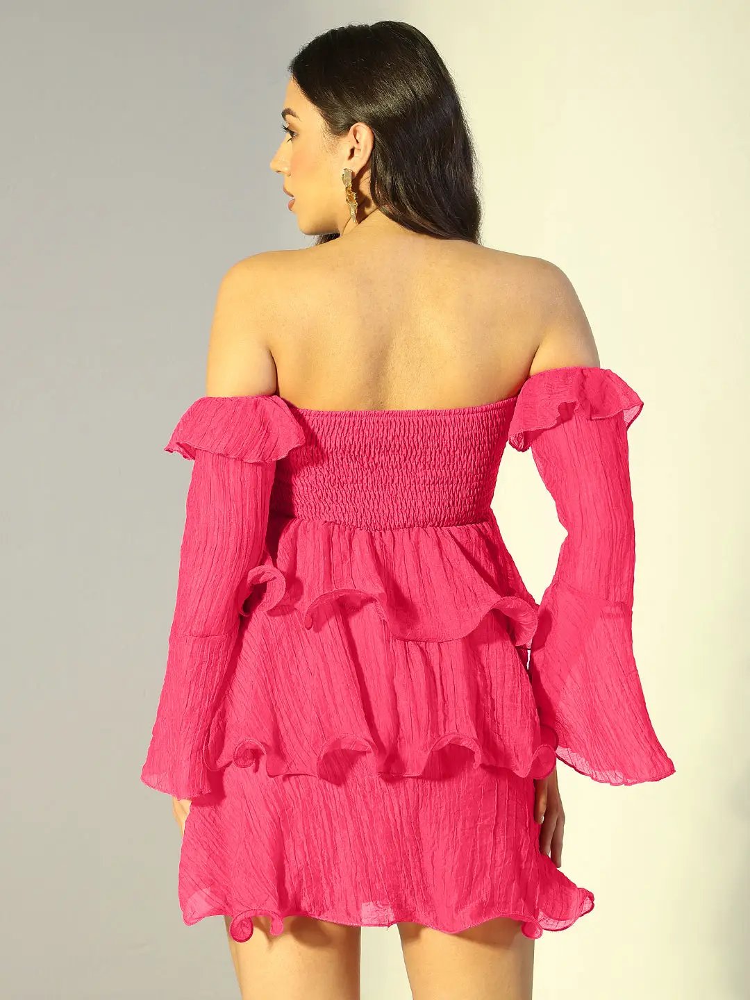 Women's Pink Off Shoulder Ruffled Mini Dress with Flared Sleeves