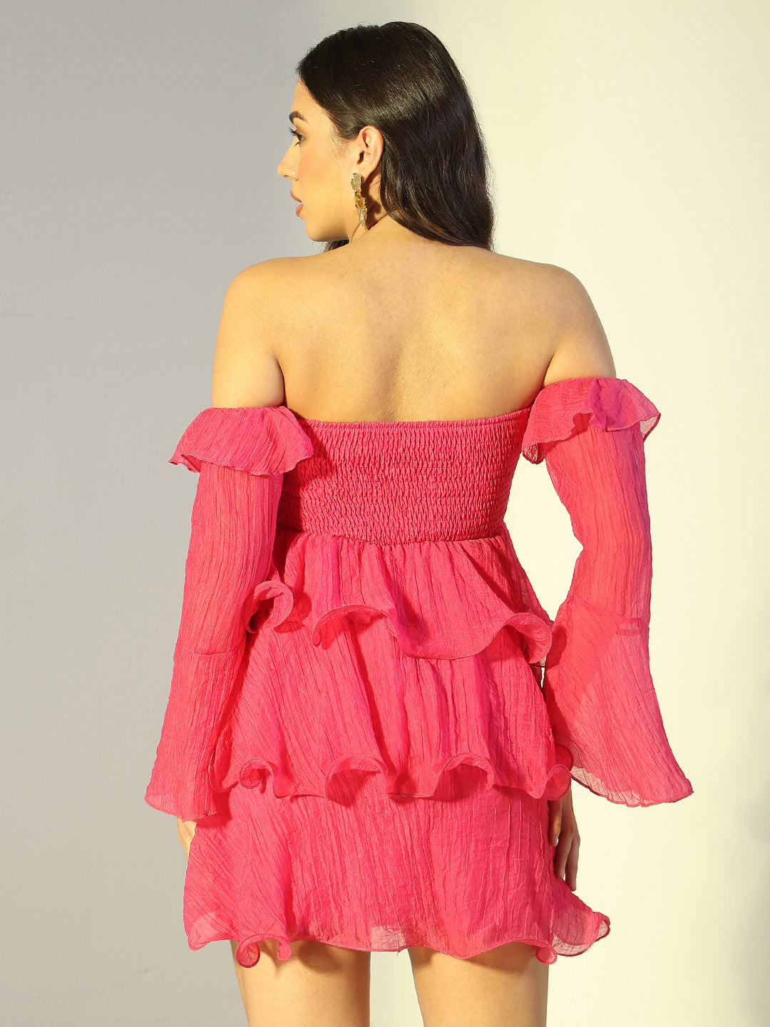 Women's Pink Off Shoulder Ruffled Mini Dress with Flared Sleeves
