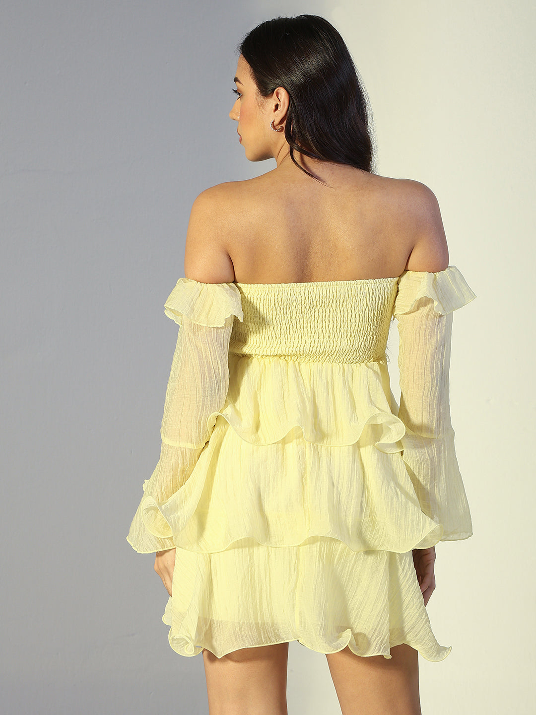 Women's Yellow Off Shoulder Ruffled Mini Dress with Flared Sleeves