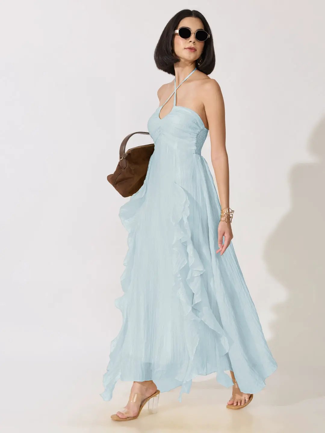 Women's Blue Tie-Up Neck Ruffle A-Line Maxi Dress - from SHOWOFFFF