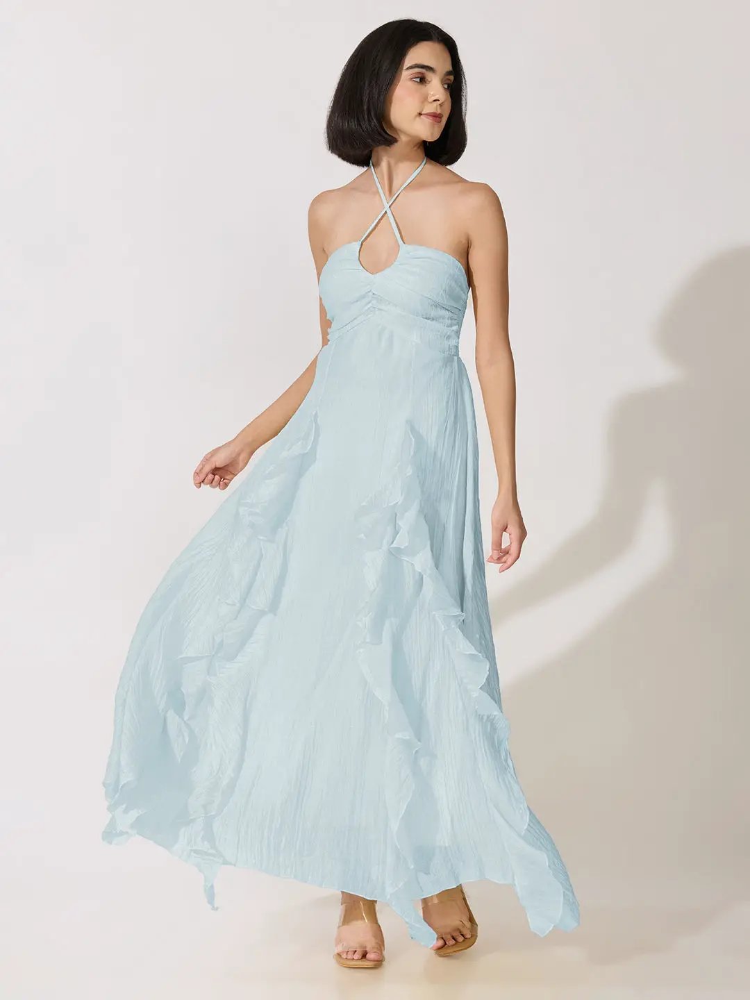 Women's Blue Tie-Up Neck Ruffle A-Line Maxi Dress - from SHOWOFFFF