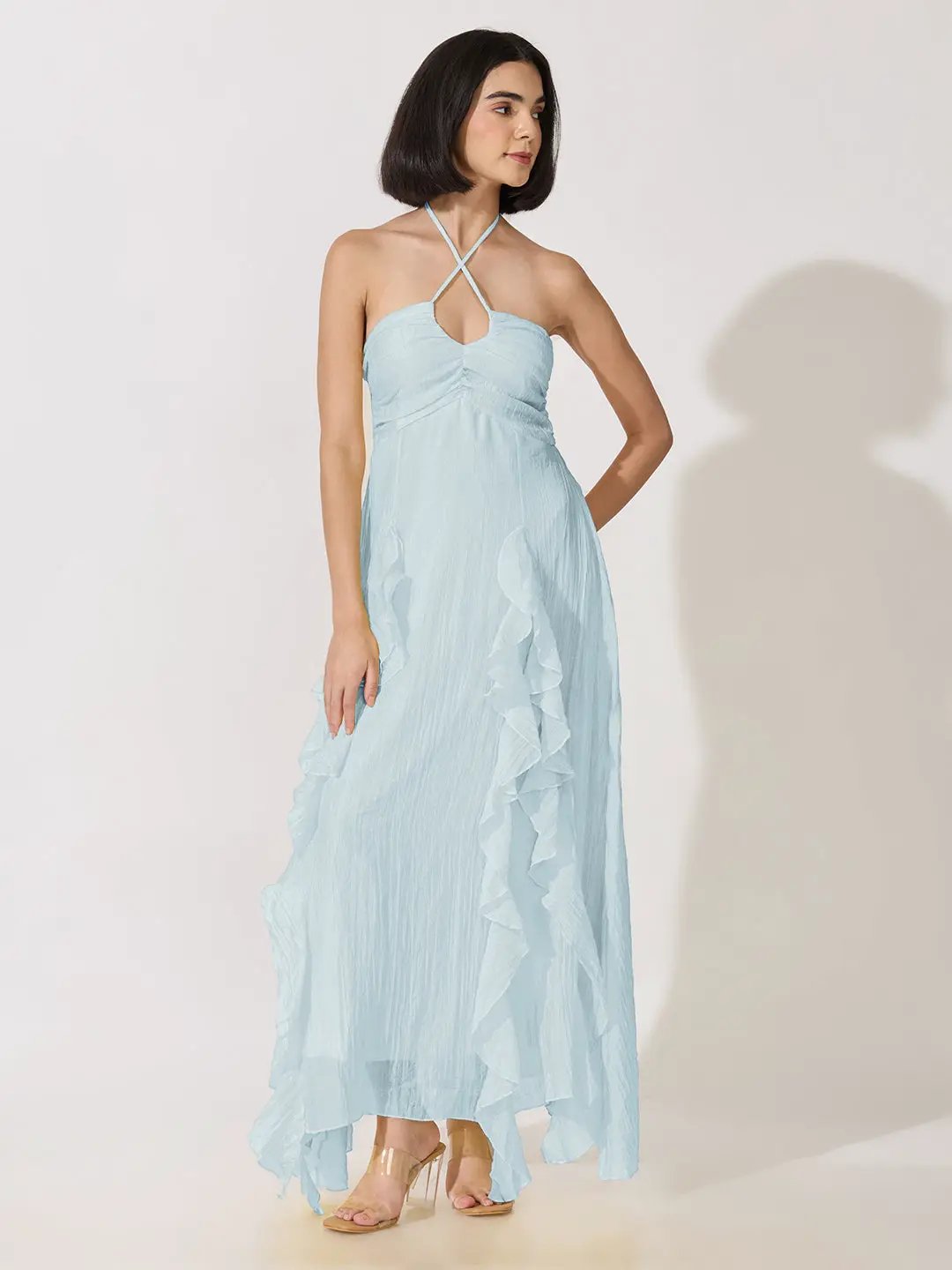 Women's Blue Tie-Up Neck Ruffle A-Line Maxi Dress - from SHOWOFFFF