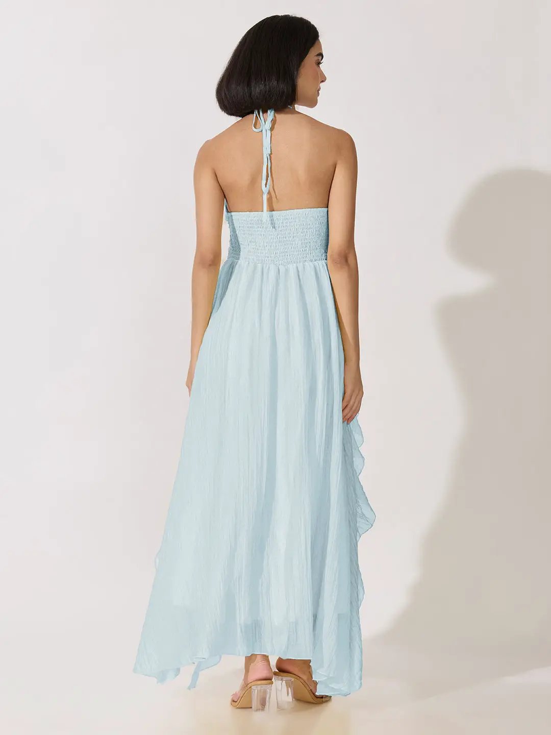 Women's Blue Tie-Up Neck Ruffle A-Line Maxi Dress - from SHOWOFFFF