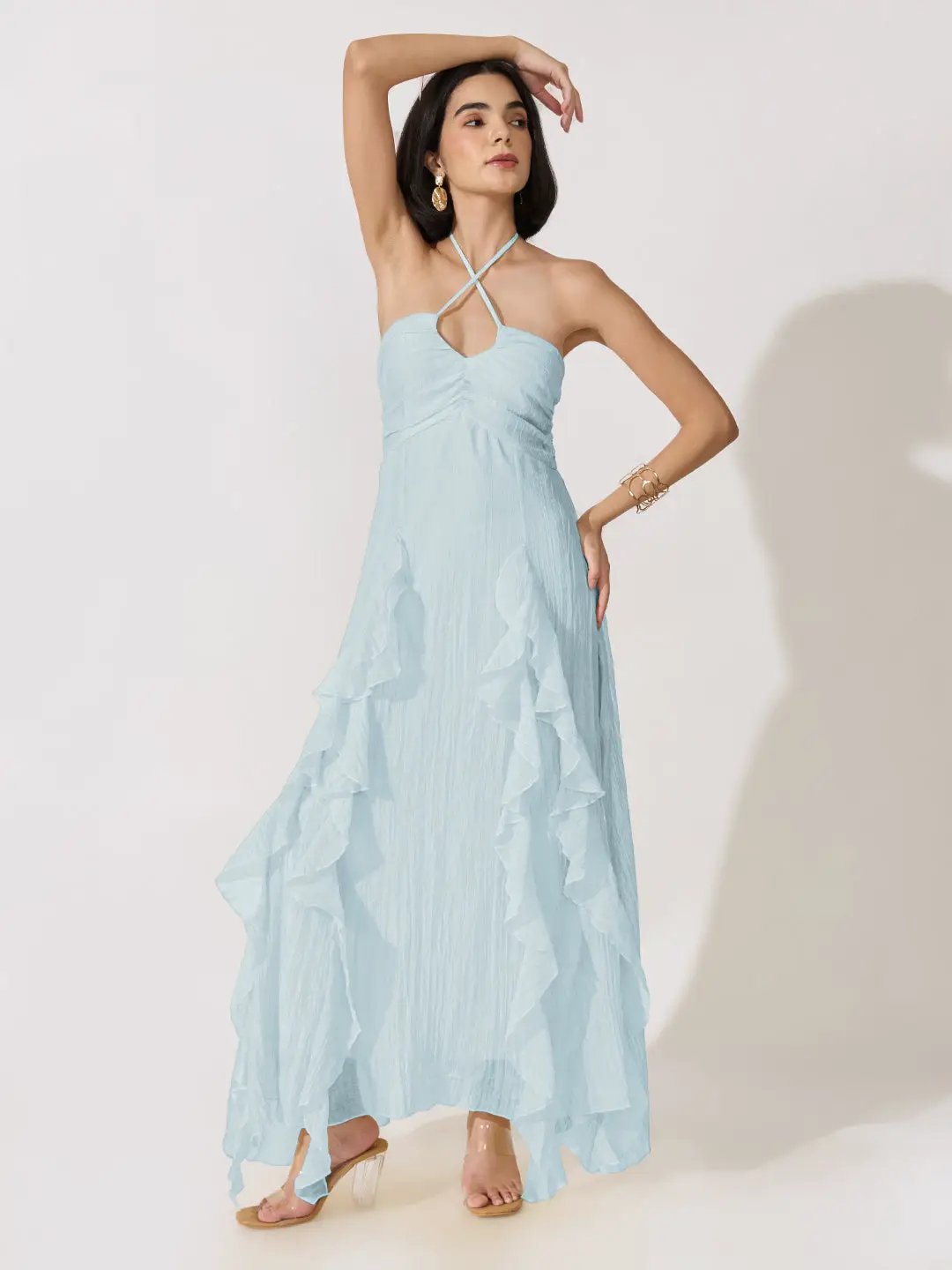 Women's Blue Tie-Up Neck Ruffle A-Line Maxi Dress - from SHOWOFFFF