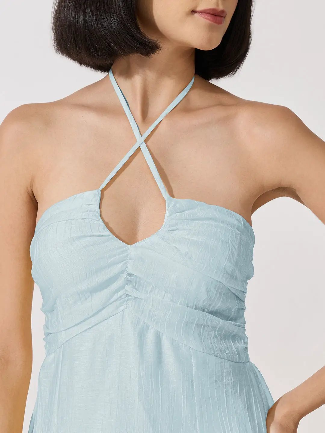 Women's Blue Tie-Up Neck Ruffle A-Line Maxi Dress - from SHOWOFFFF