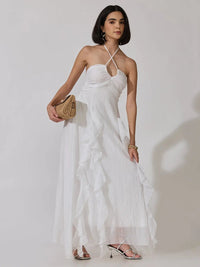 Women's White Halter Neck Ruffle A-Line Maxi Dress