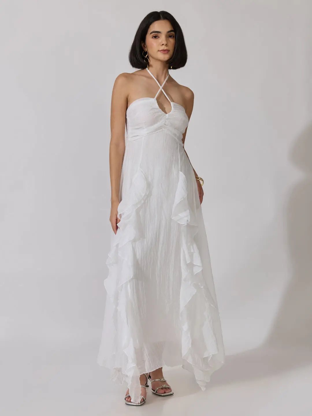 Women's White Tie-Up Neck Ruffle A-Line Maxi Dress