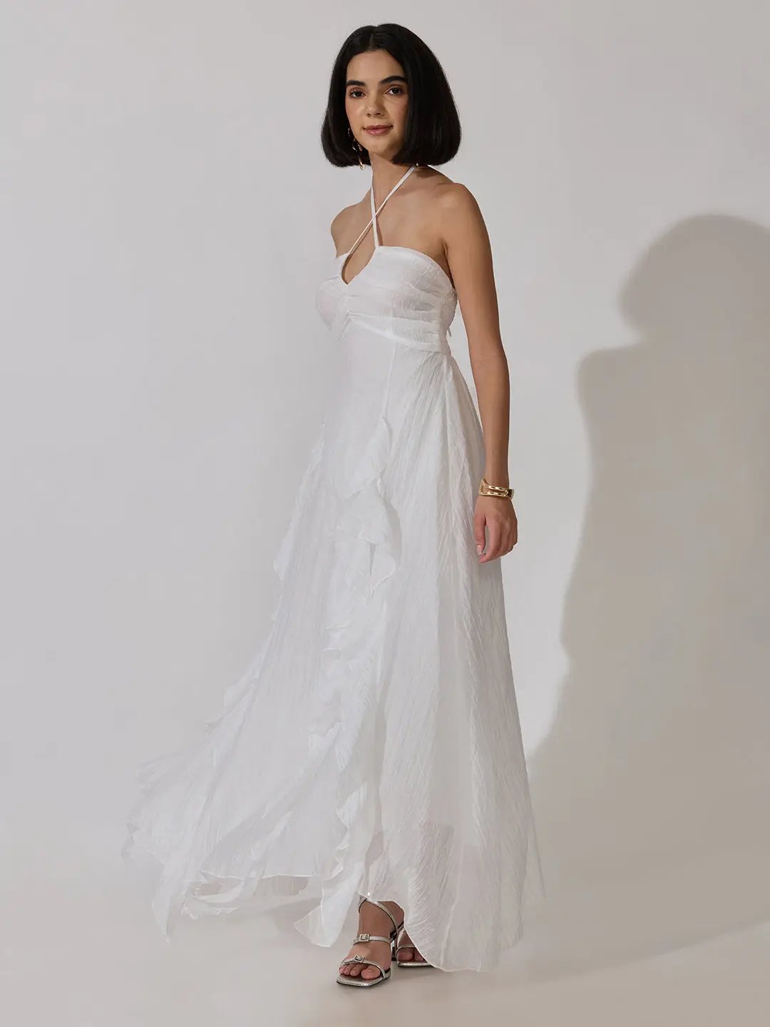 Women's White Tie-Up Neck Ruffle A-Line Maxi Dress