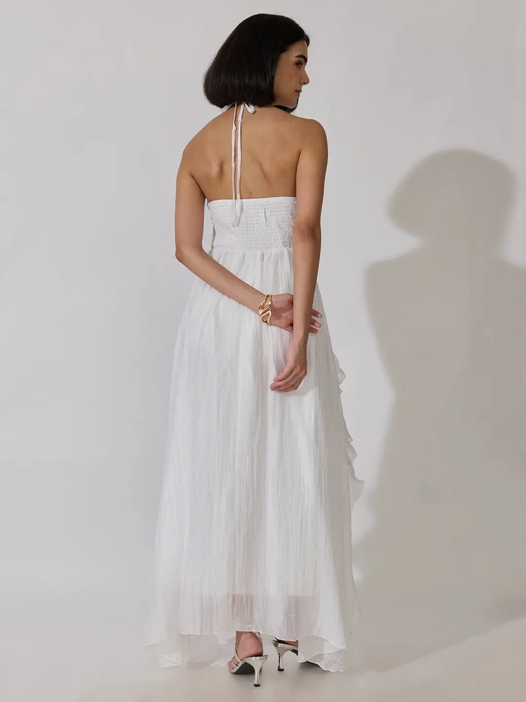 Women's White Tie-Up Neck Ruffle A-Line Maxi Dress
