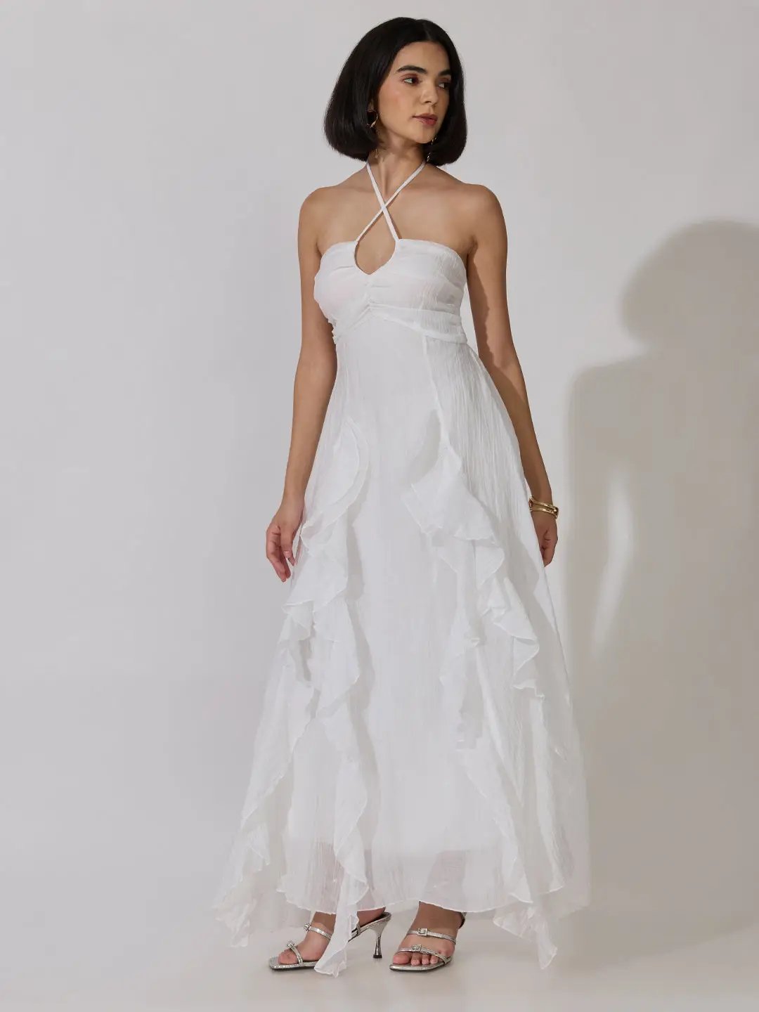 Women's White Tie-Up Neck Ruffle A-Line Maxi Dress