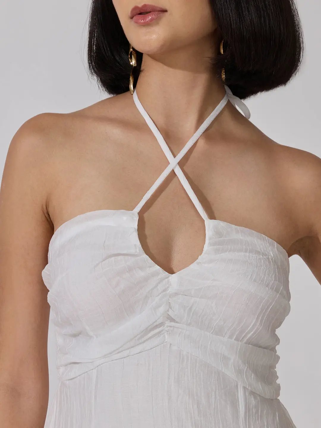 Women's White Tie-Up Neck Ruffle A-Line Maxi Dress