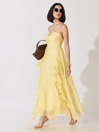 Women's Yellow Halter Neck Ruffle A-Line Maxi Dress