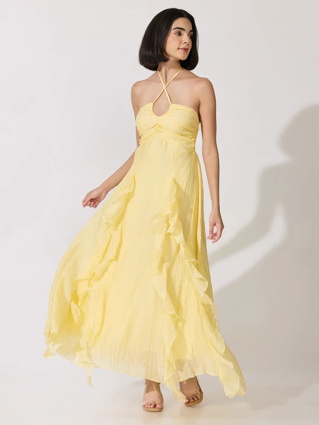 Women's Yellow Tie-Up Neck Ruffle A-Line Maxi Dress
