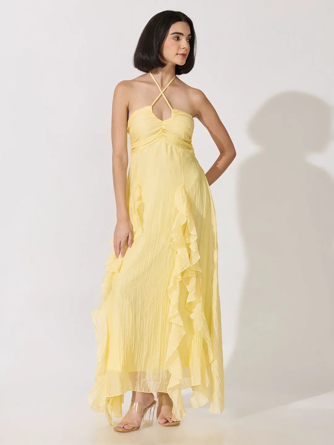 Women's Yellow Tie-Up Neck Ruffle A-Line Maxi Dress