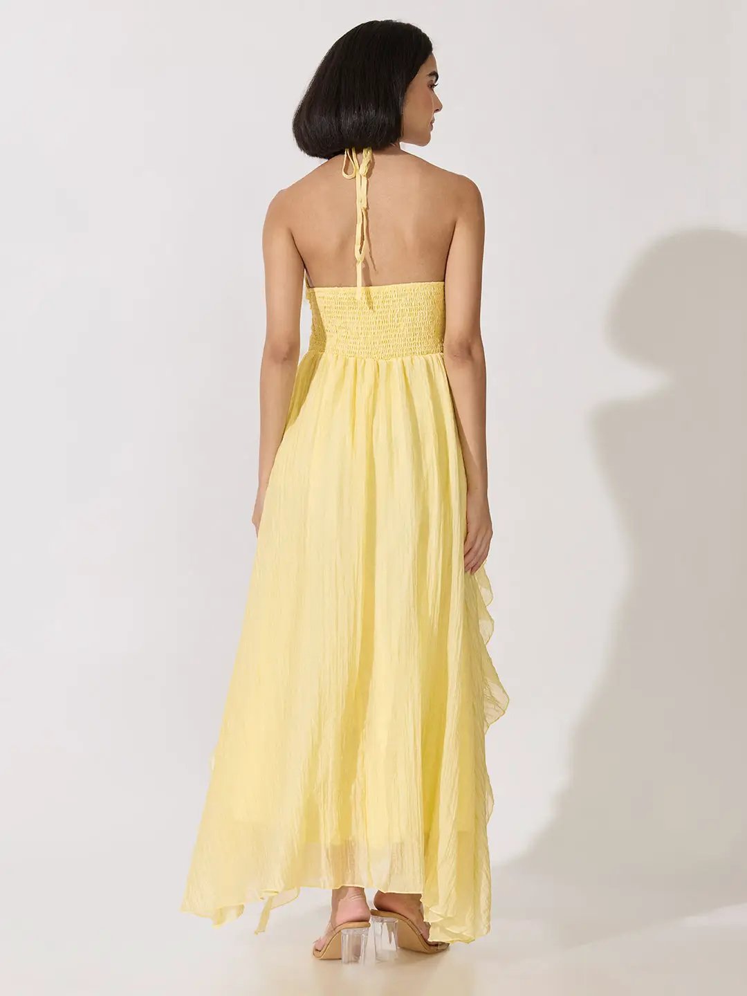Women's Yellow Tie-Up Neck Ruffle A-Line Maxi Dress