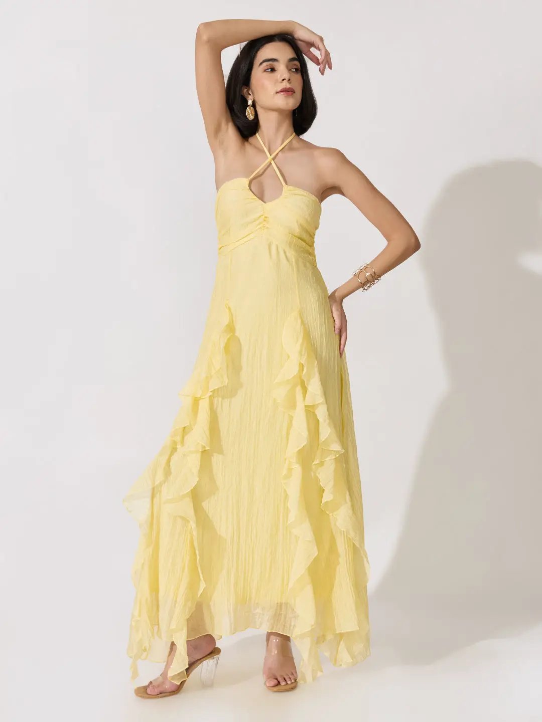 Women's Yellow Tie-Up Neck Ruffle A-Line Maxi Dress