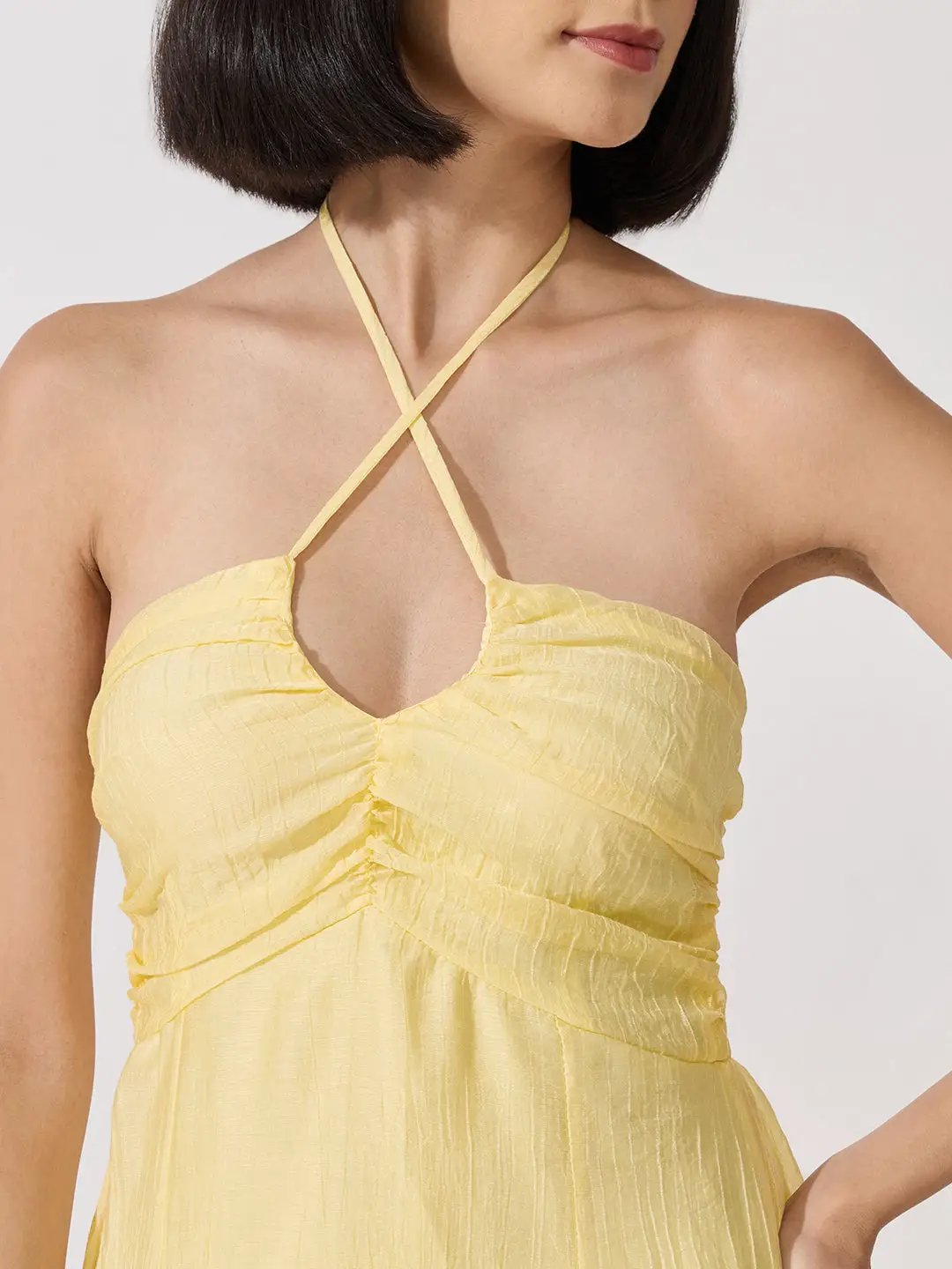 Women's Yellow Tie-Up Neck Ruffle A-Line Maxi Dress