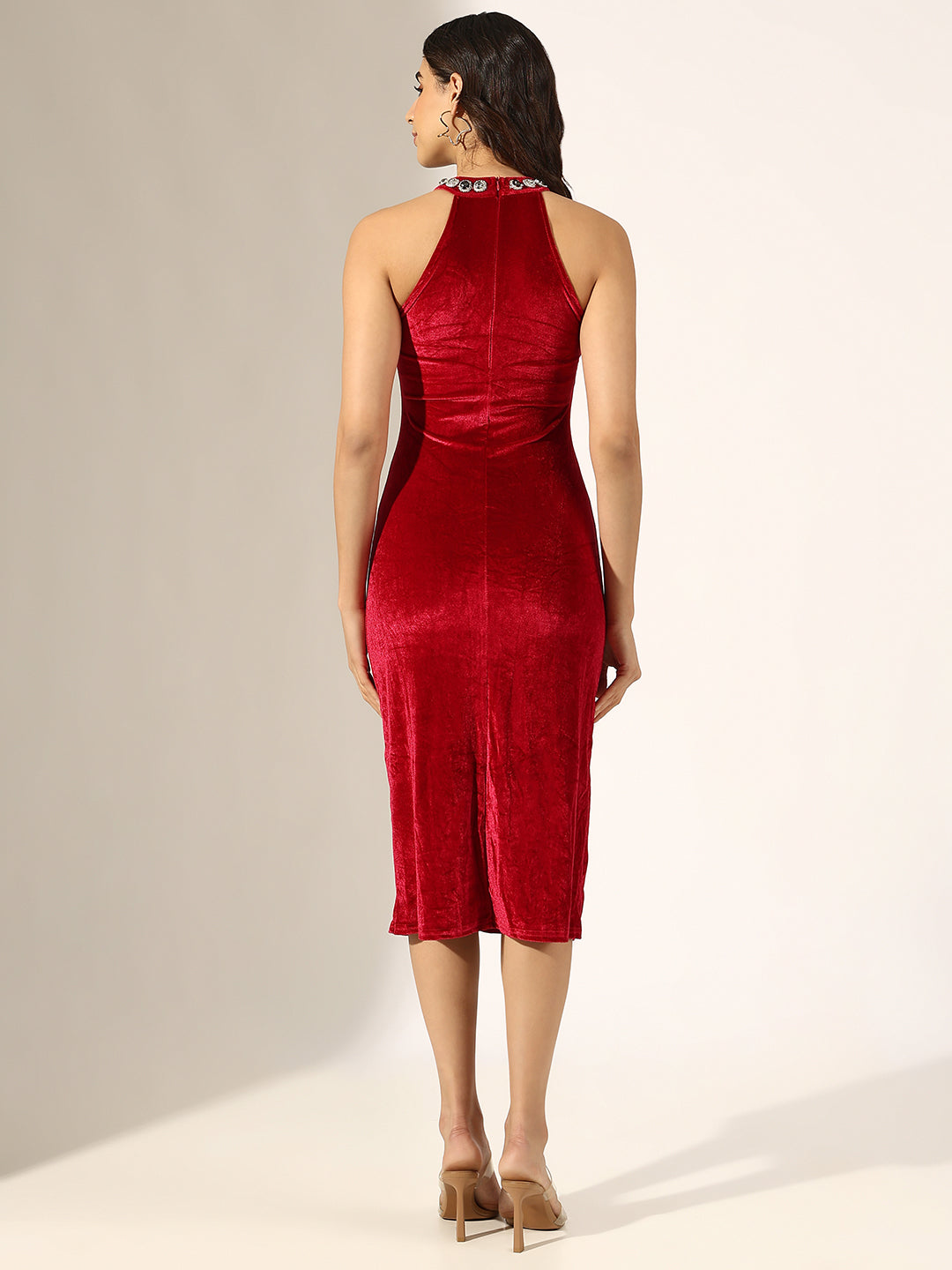 Women's Red Velvet Embellished Halter Neck Bodycon Midi Dress