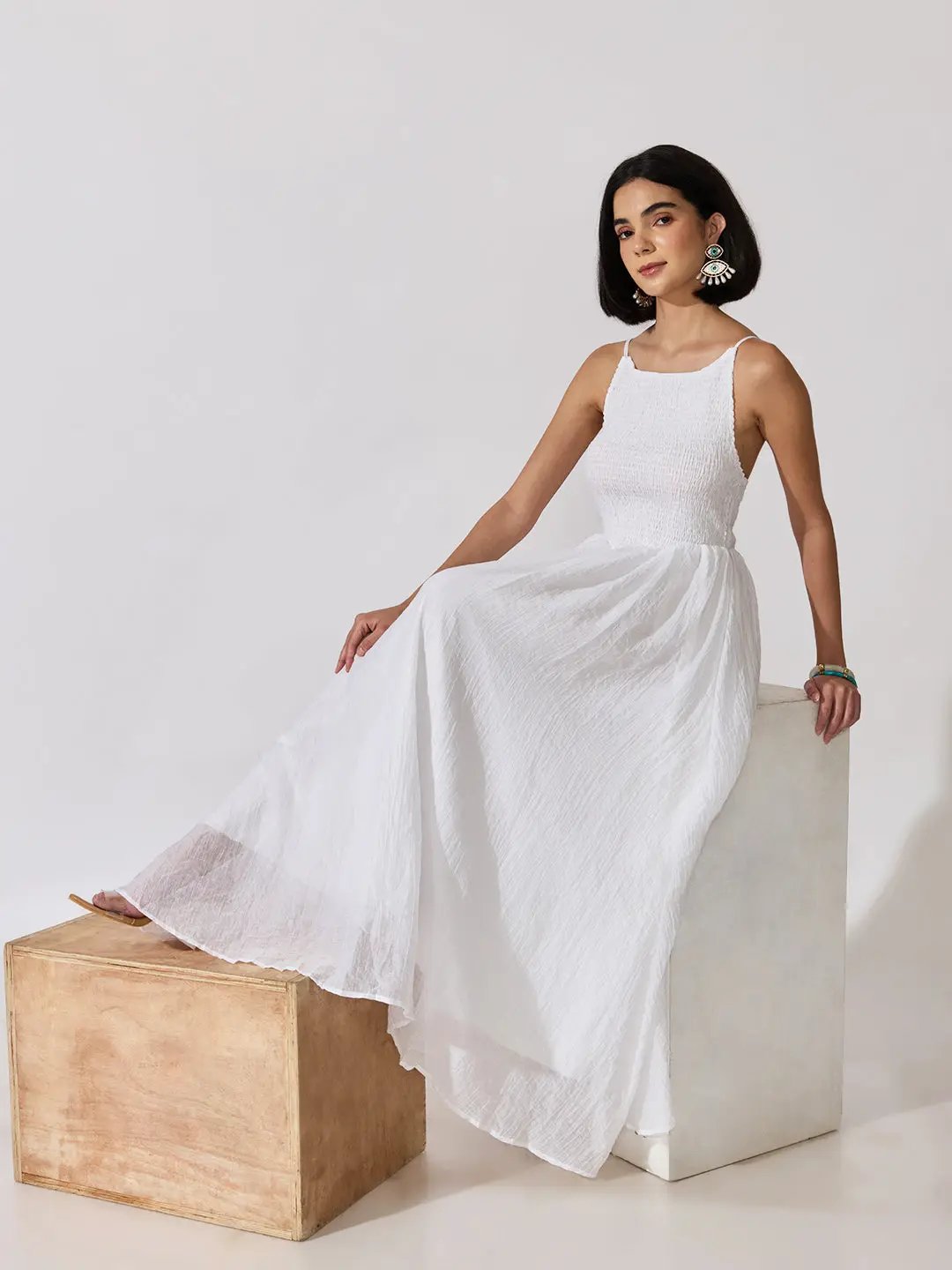 Women's White Textured Smocked Shoulder Straps Fit & Flare Maxi Dress