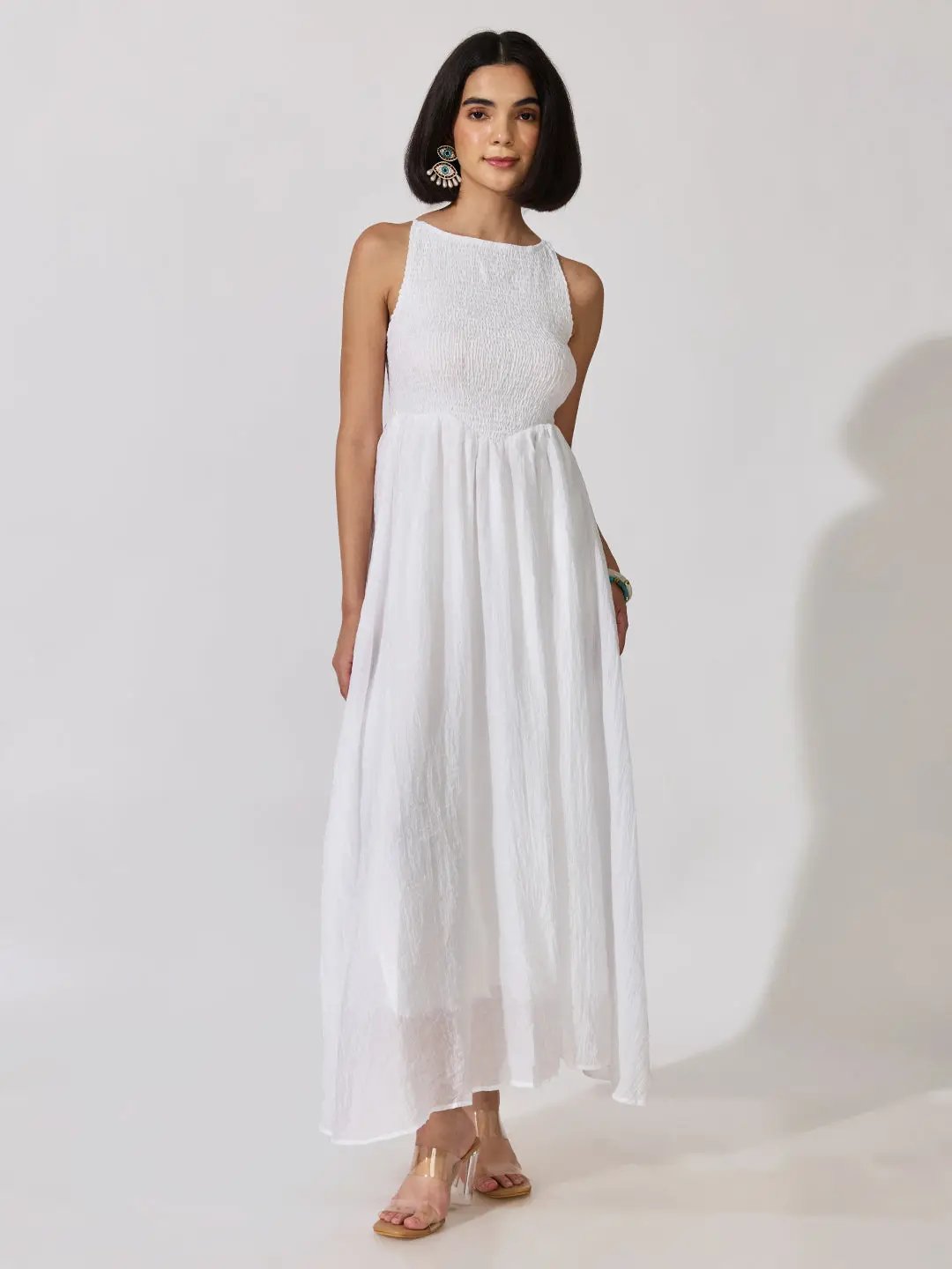 Women's White Textured Smocked Shoulder Straps Fit & Flare Maxi Dress
