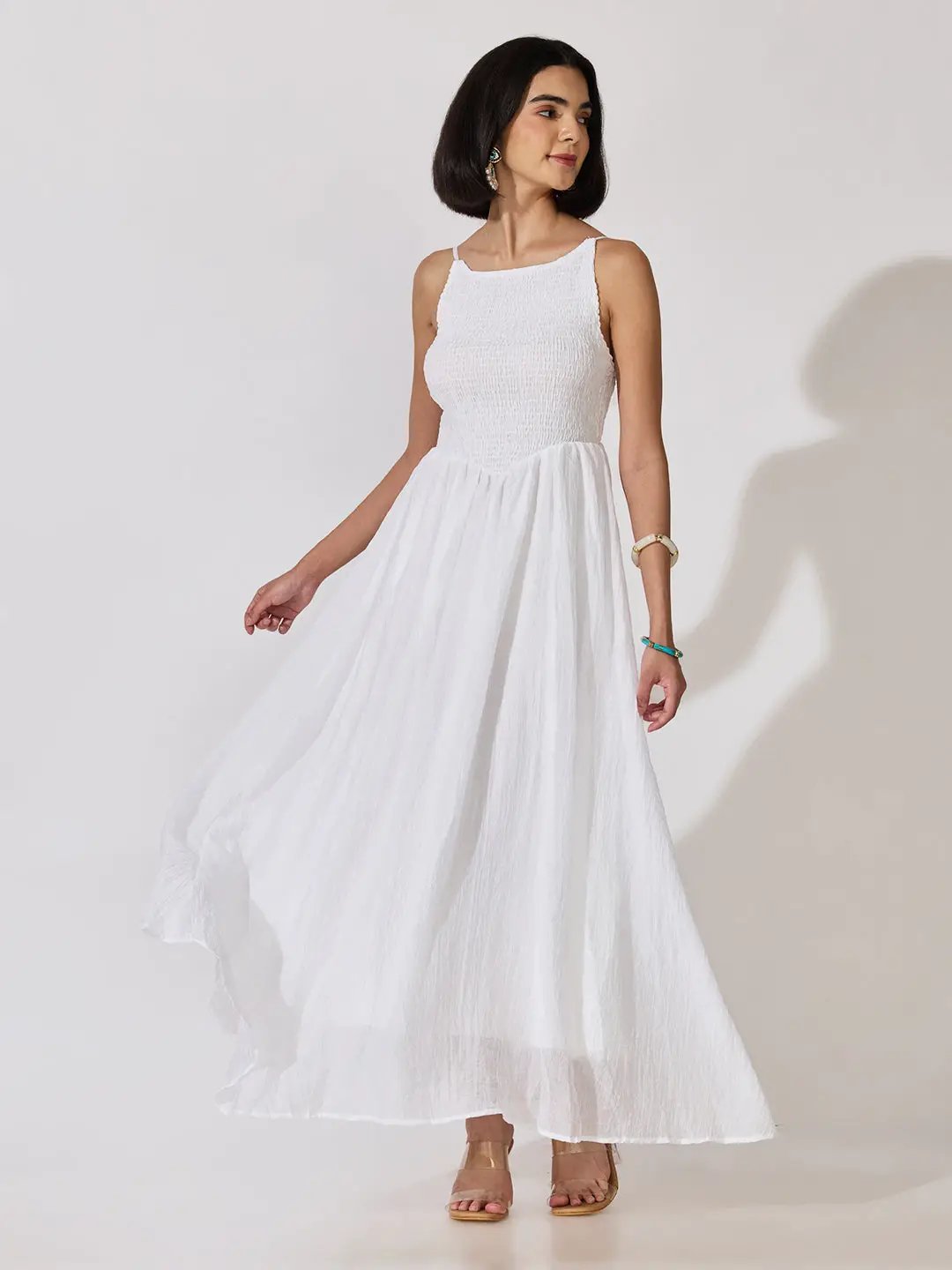 Women's White Textured Smocked Shoulder Straps Fit & Flare Maxi Dress