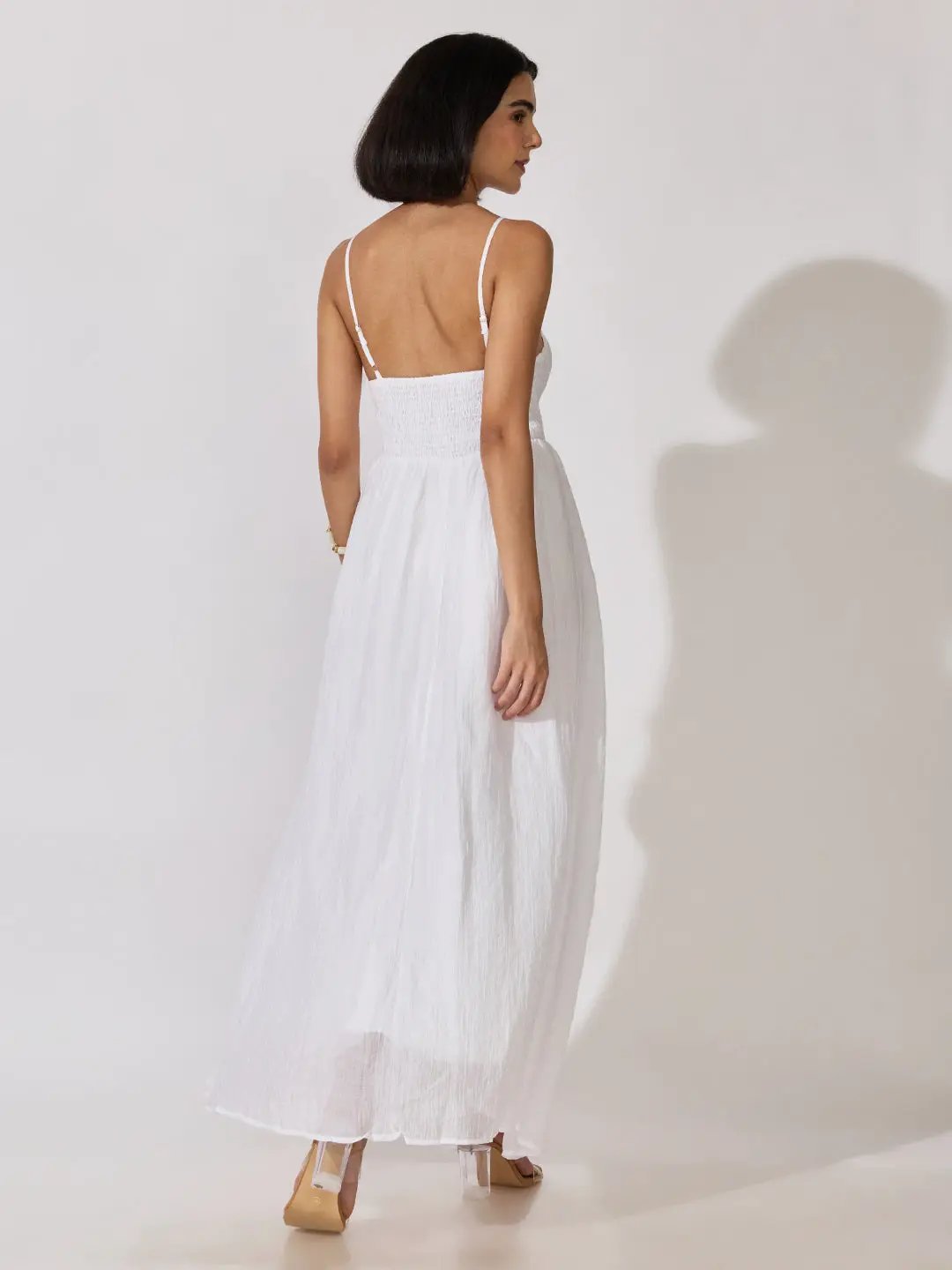 Women's White Textured Smocked Shoulder Straps Fit & Flare Maxi Dress