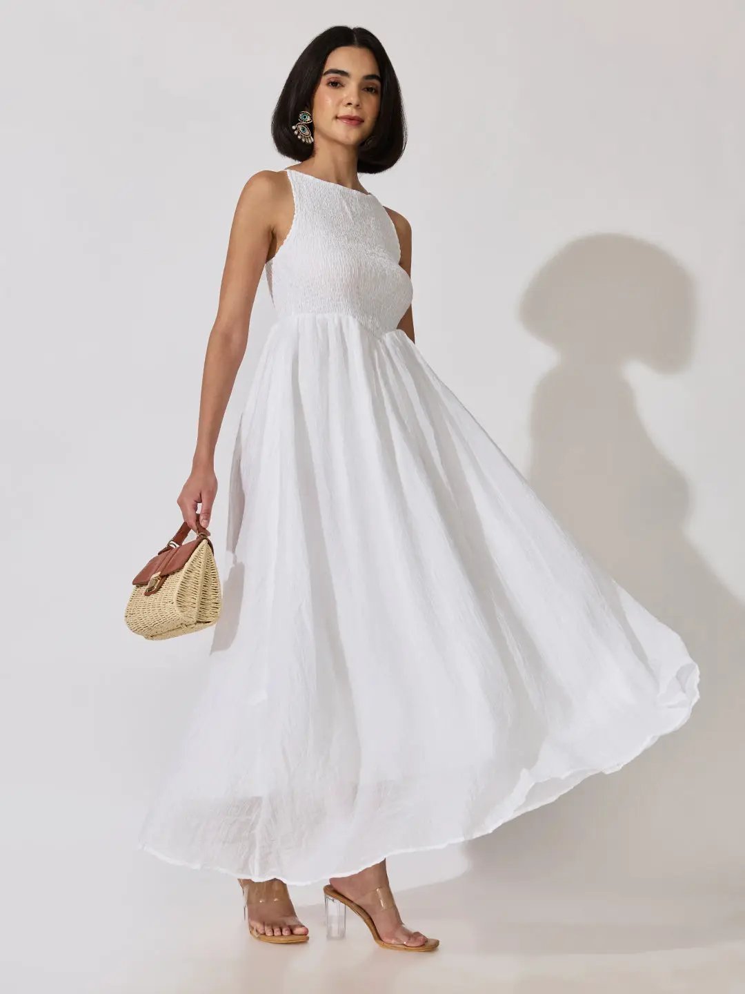 Women's White Textured Smocked Shoulder Straps Fit & Flare Maxi Dress