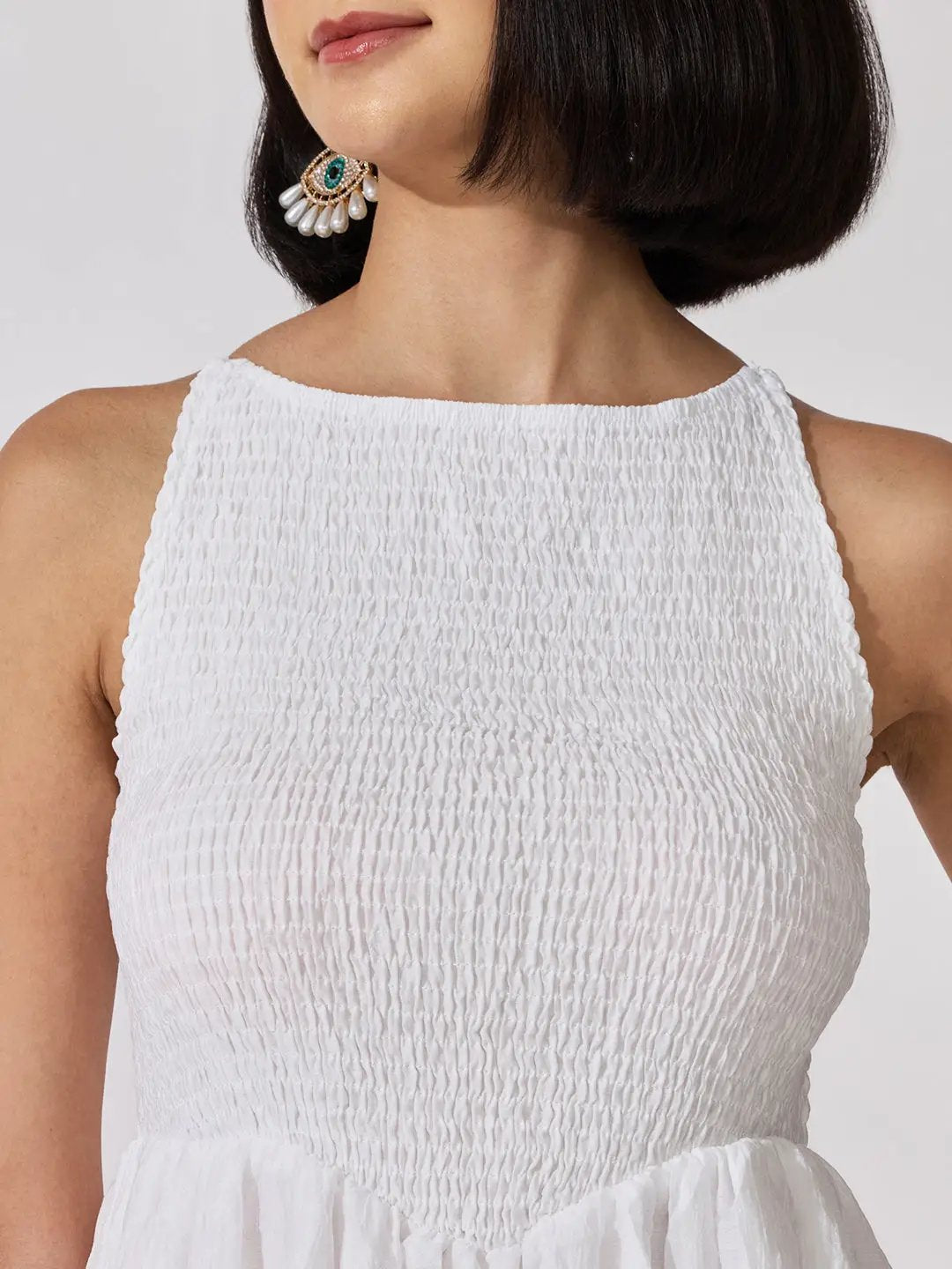 Women's White Textured Smocked Shoulder Straps Fit & Flare Maxi Dress