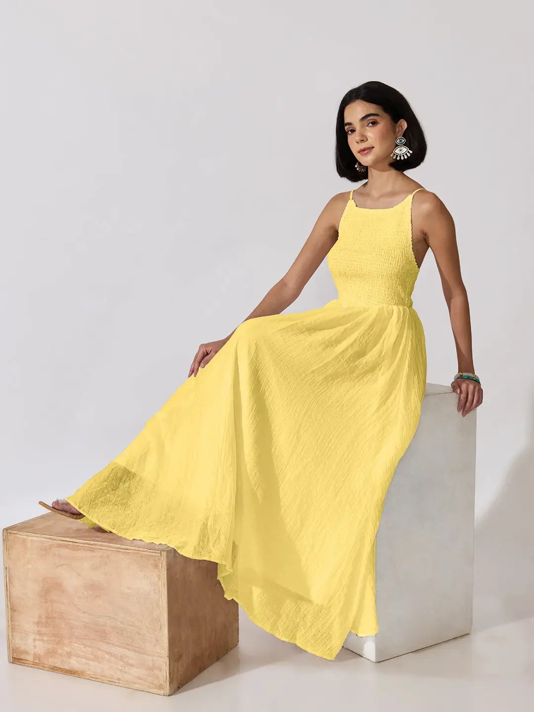 Women's Yellow Smocked Maxi Dress with Adjustable Shoulder Straps - from SHOWOFFFF