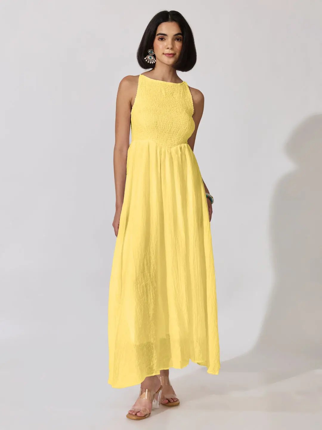 Women's Yellow Smocked Maxi Dress with Adjustable Shoulder Straps - from SHOWOFFFF