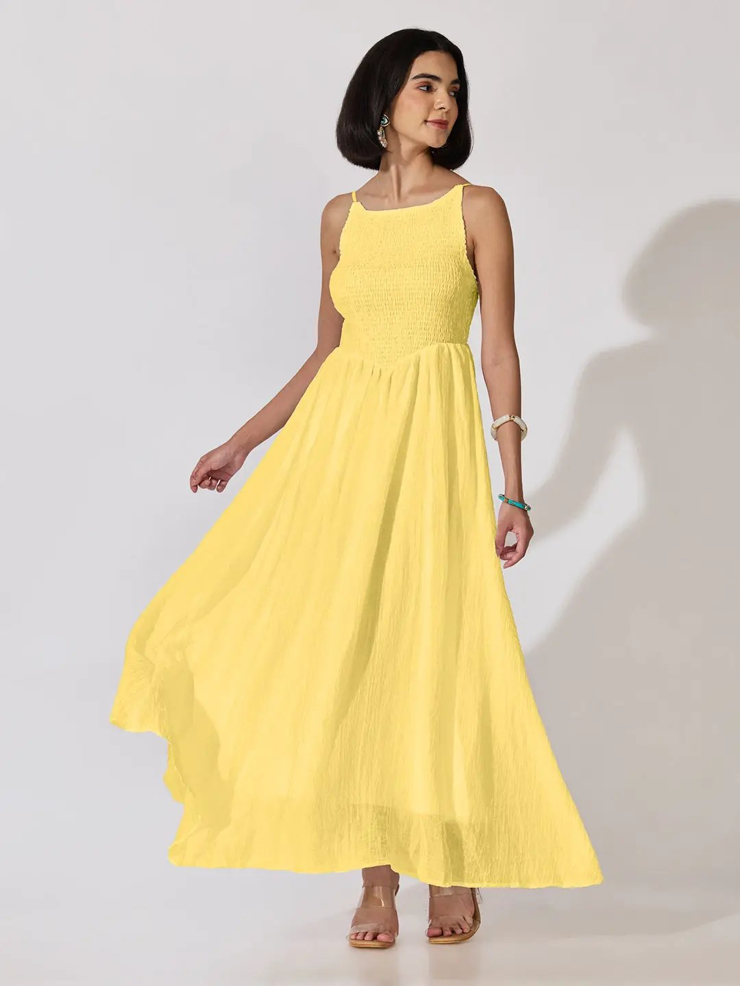 Women's Yellow Smocked Maxi Dress with Adjustable Shoulder Straps - from SHOWOFFFF