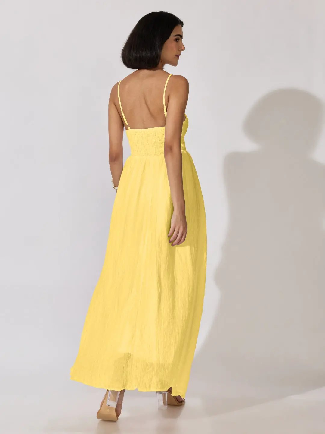 Women's Yellow Smocked Maxi Dress with Adjustable Shoulder Straps - from SHOWOFFFF