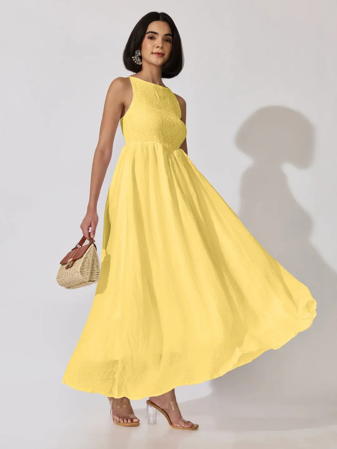 Women's Yellow Smocked Maxi Dress with Adjustable Shoulder Straps - from SHOWOFFFF