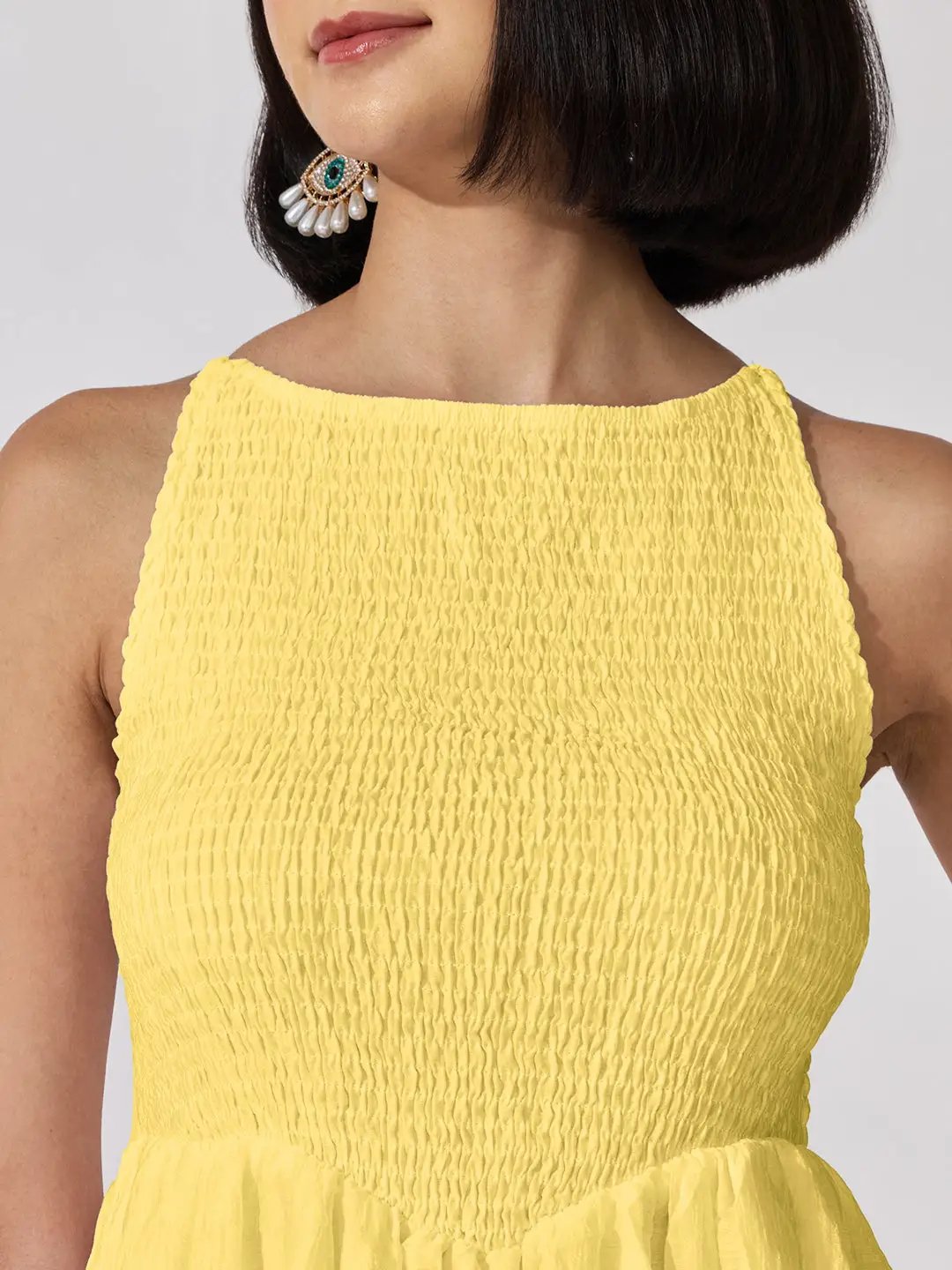 Women's Yellow Smocked Maxi Dress with Adjustable Shoulder Straps - from SHOWOFFFF