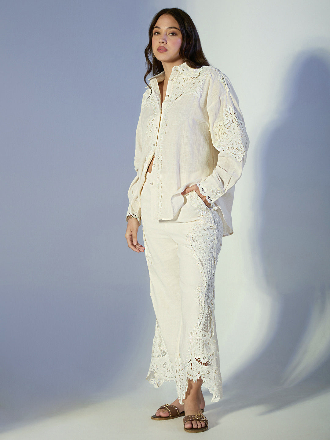 Women's Cutwork Lace Cream Shirt & Trousers Co-Ord Set