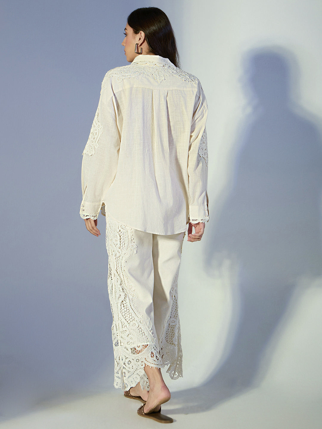 Women's Cutwork Lace Cream Shirt & Trousers Co-Ord Set