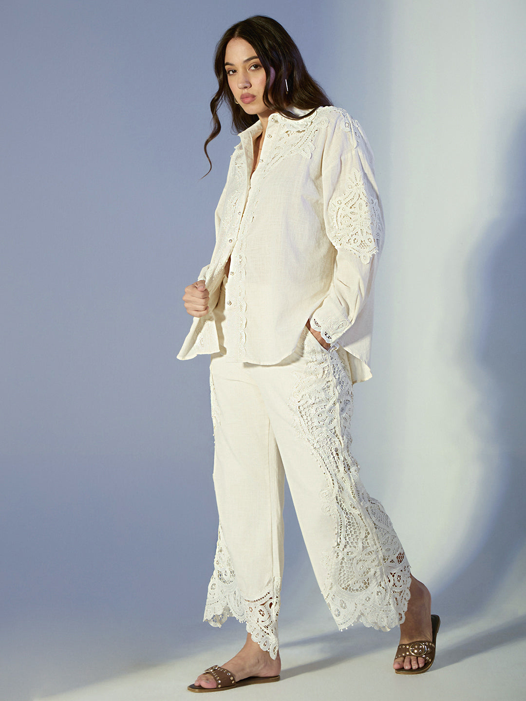 Women's Cutwork Lace Cream Shirt & Trousers Co-Ord Set