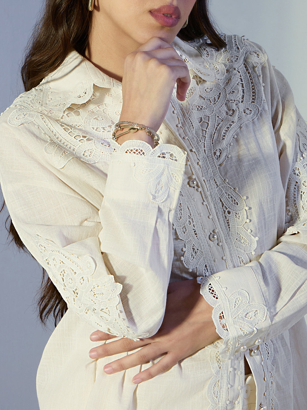 Women's Cutwork Lace Cream Shirt & Trousers Co-Ord Set