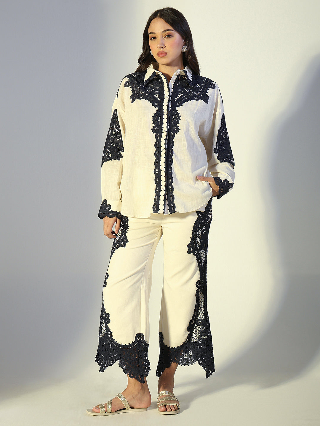 Women's Cutwork Lace Off-White Shirt & Trousers Co-Ord Set
